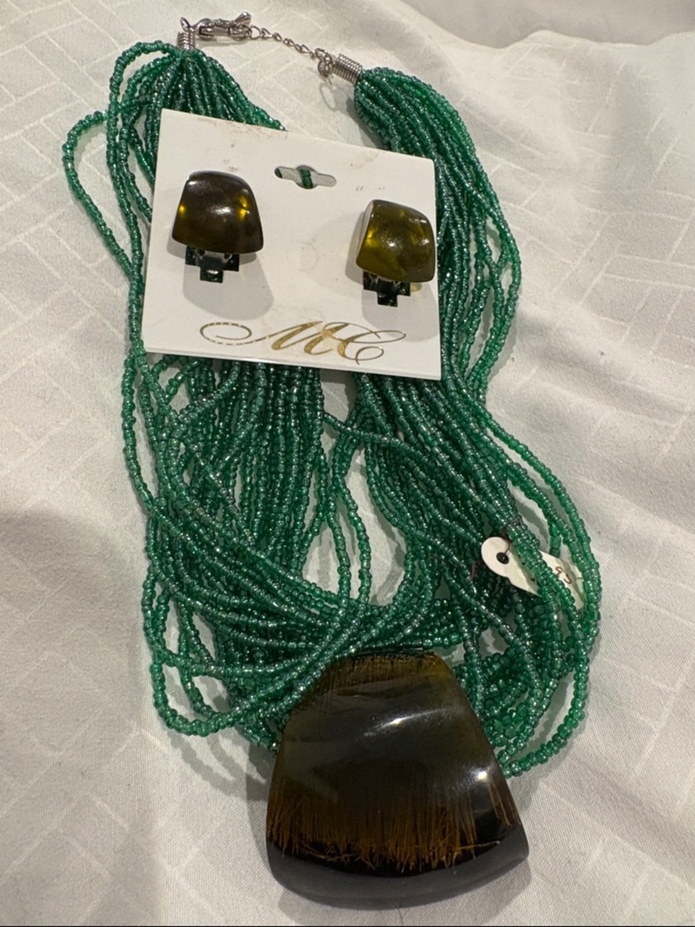 Shimmer Green Beaded Layered Necklace  w Green Matching clip Earrings
